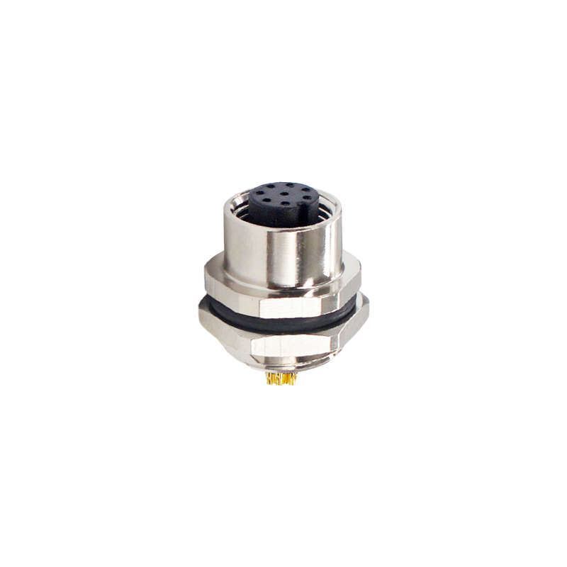 M12 8pins A code female straight rear panel mount connector M16 thread,unshielded,solder,brass with nickel plated shell